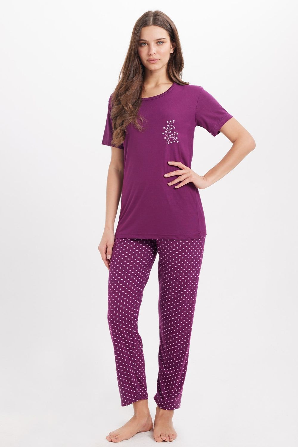 Kadın Standart Fit Normal Kesim Bisiklet Yaka Kısa Kollu Baskılı Mor Pijama Takımı