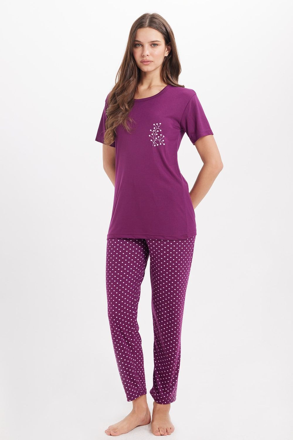 Kadın Standart Fit Normal Kesim Bisiklet Yaka Kısa Kollu Baskılı Mor Pijama Takımı