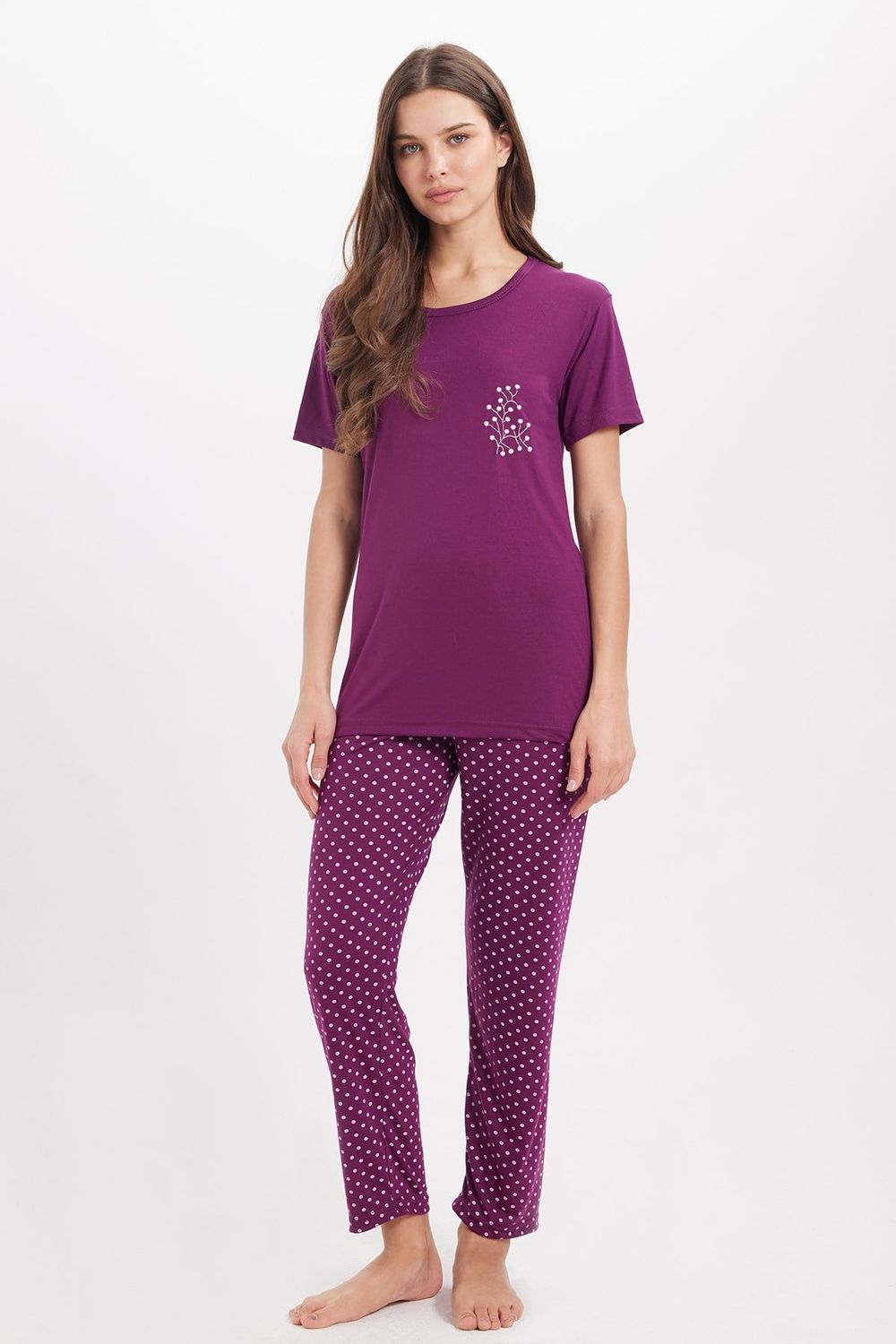 Kadın Standart Fit Normal Kesim Bisiklet Yaka Kısa Kollu Baskılı Mor Pijama Takımı