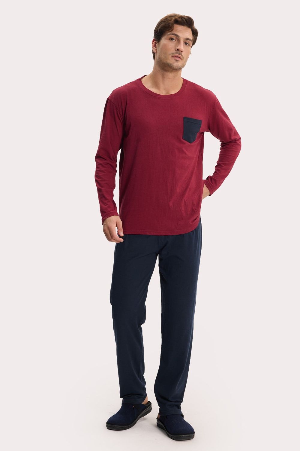 Erkek Standart Fit Rahat Kesim Uzun Kollu Pamuklu Bordo Lacivert Pijama Takımı