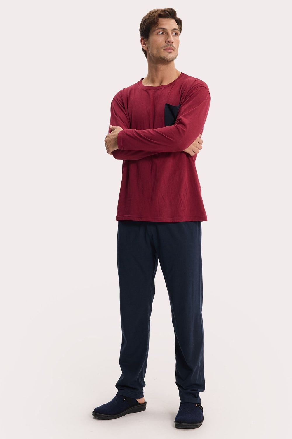 Erkek Standart Fit Rahat Kesim Uzun Kollu Pamuklu Bordo Lacivert Pijama Takımı