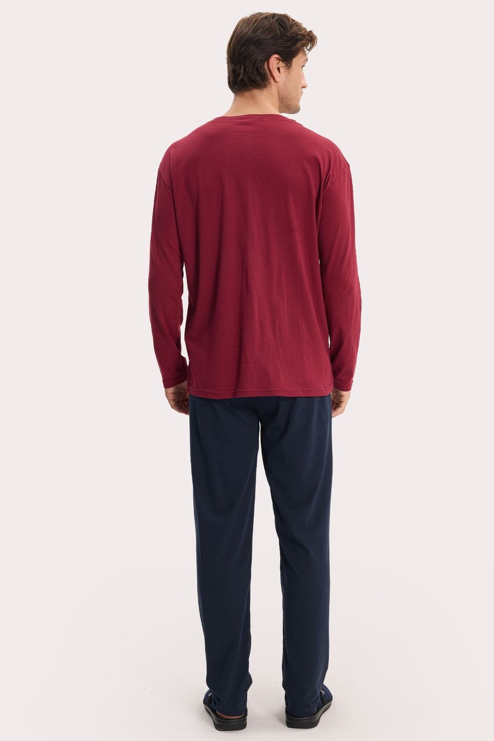 Erkek Standart Fit Rahat Kesim Uzun Kollu Pamuklu Bordo Lacivert Pijama Takımı