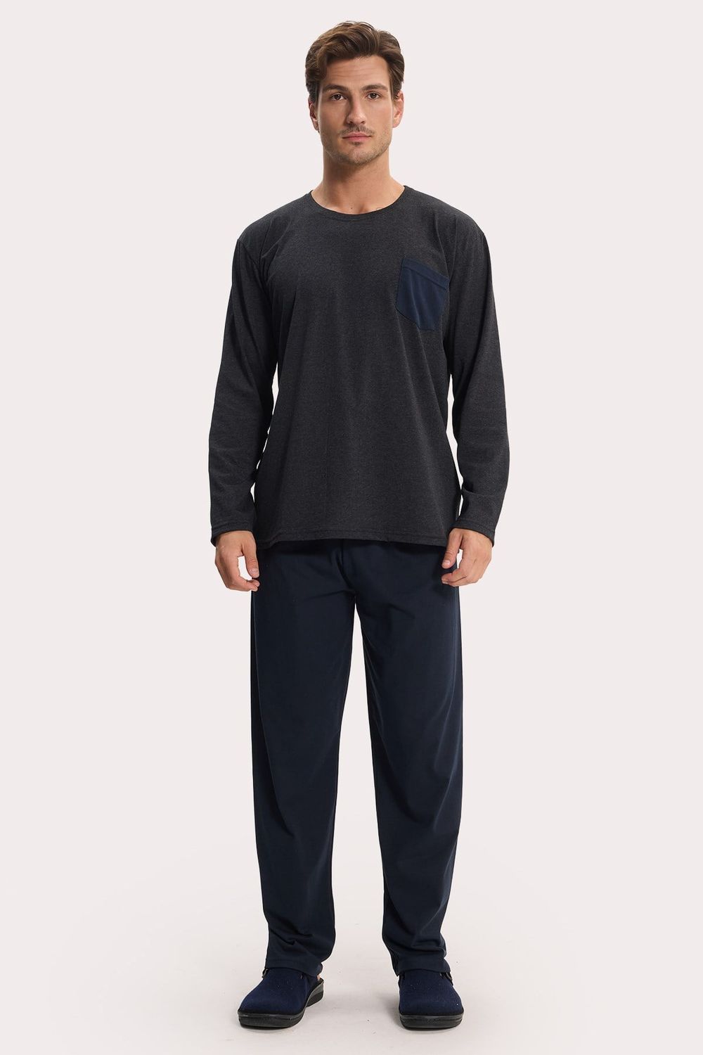 Erkek Standart Fit Rahat Kesim Uzun Kollu Pamuklu Gri Lacivert Pijama Takımı