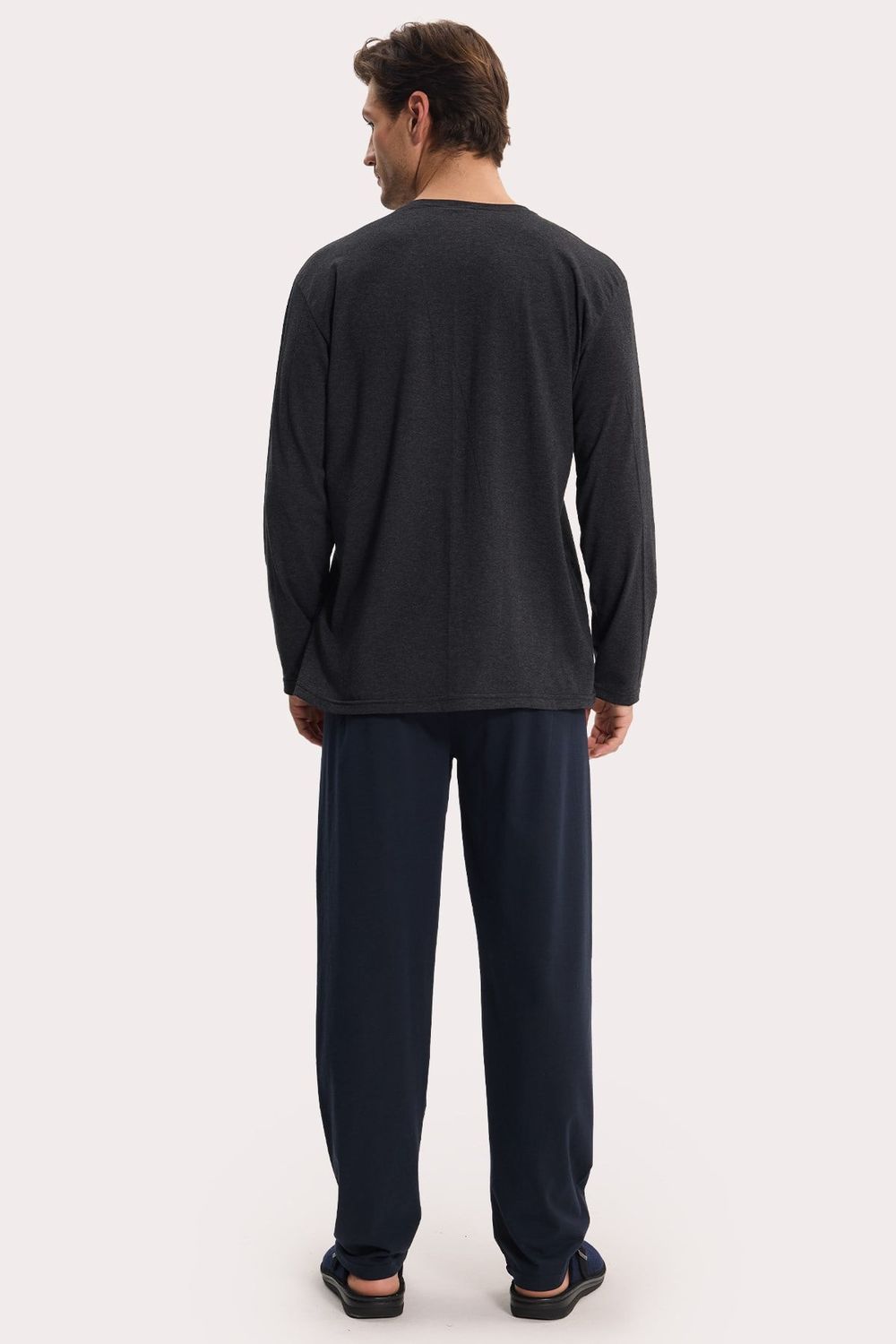 Erkek Standart Fit Rahat Kesim Uzun Kollu Pamuklu Gri Lacivert Pijama Takımı