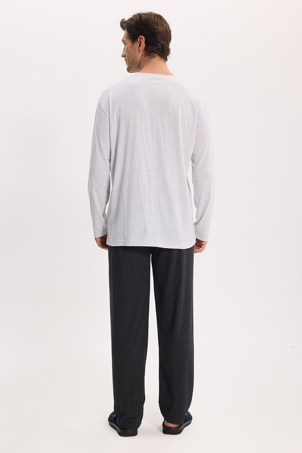 Erkek Standart Fit Rahat Kesim Uzun Kollu Pamuklu Gri Siyah Pijama Takımı