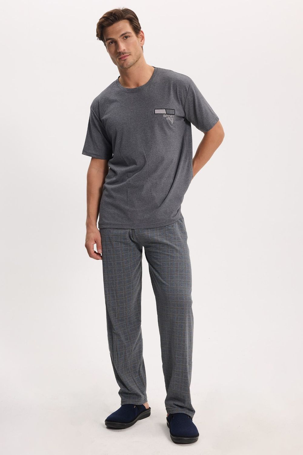 Erkek Standart Fit Normal Kesim Pamuklu Bisiklet Yaka Kısa Kollu Lastikli Gri Pijama Takımı