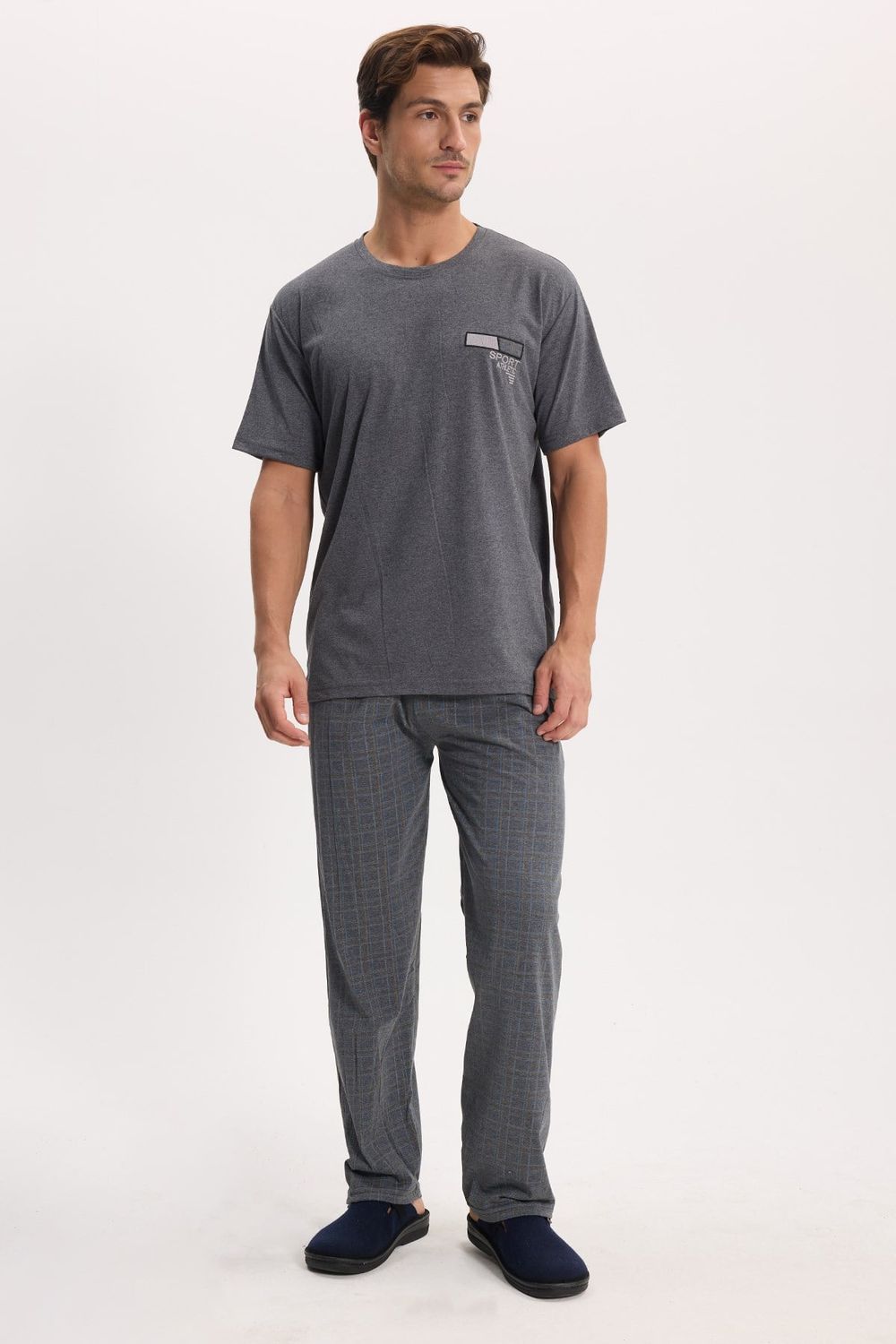 Erkek Standart Fit Normal Kesim Pamuklu Bisiklet Yaka Kısa Kollu Lastikli Gri Pijama Takımı