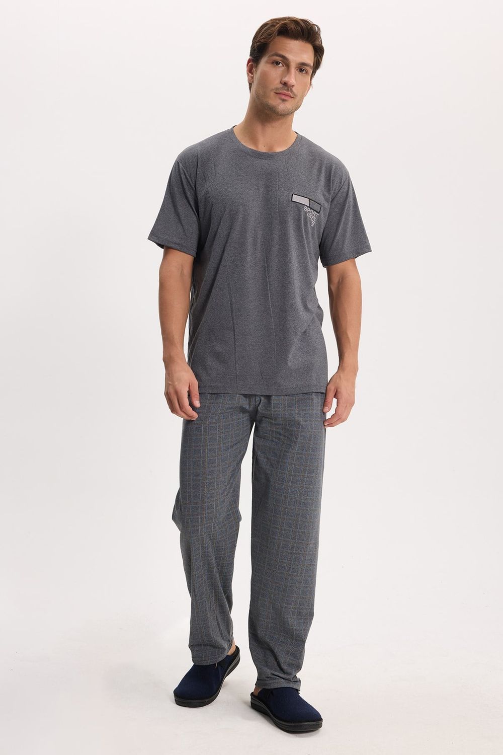 Erkek Standart Fit Normal Kesim Pamuklu Bisiklet Yaka Kısa Kollu Lastikli Gri Pijama Takımı