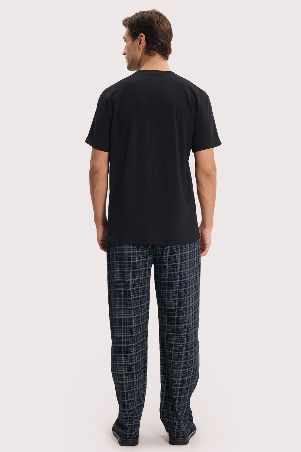 Erkek Standart Fit Normal Kesim Pamuklu Bisiklet Yaka Kısa Kollu Lastikli Siyah Pijama Takımı
