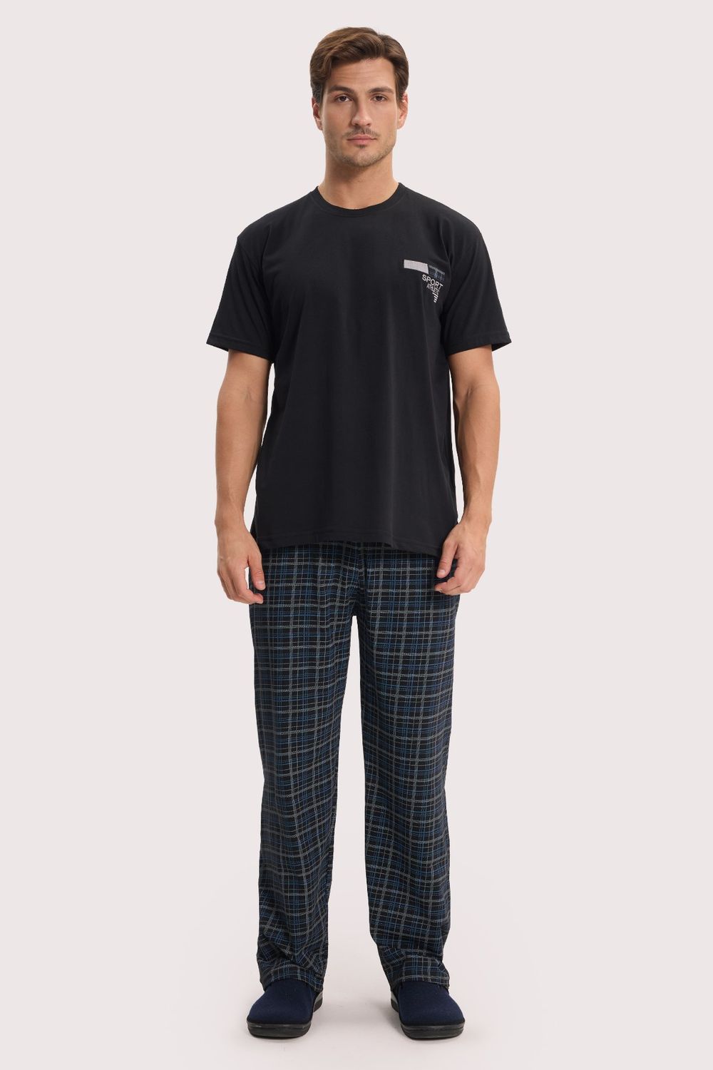 Erkek Standart Fit Normal Kesim Pamuklu Bisiklet Yaka Kısa Kollu Lastikli Siyah Pijama Takımı