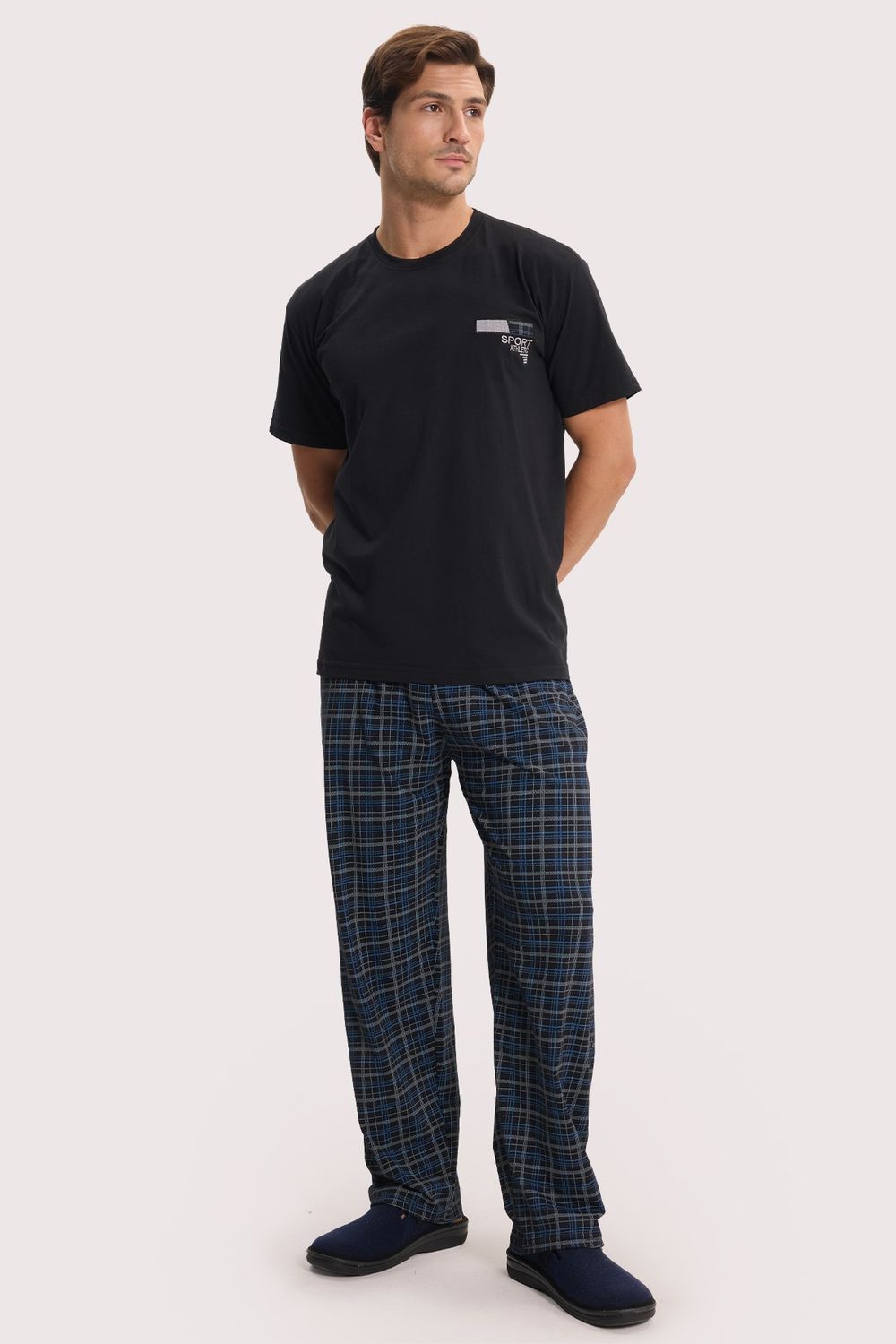 Erkek Standart Fit Normal Kesim Pamuklu Bisiklet Yaka Kısa Kollu Lastikli Siyah Pijama Takımı