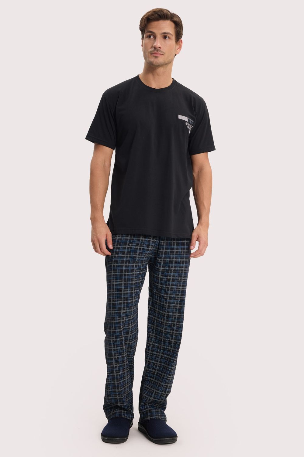 Erkek Standart Fit Normal Kesim Pamuklu Bisiklet Yaka Kısa Kollu Lastikli Siyah Pijama Takımı