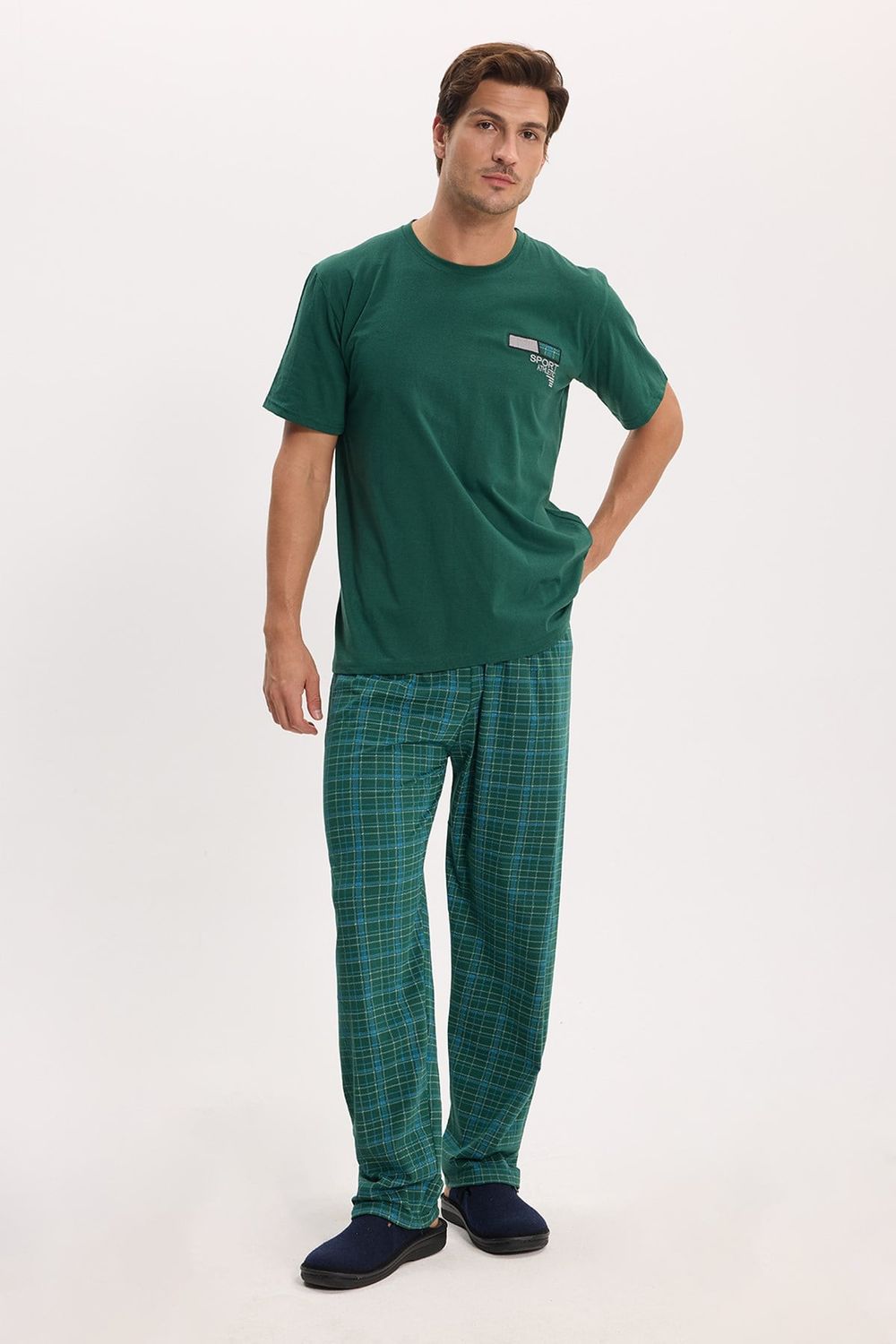 Erkek Standart Fit Normal Kesim Pamuklu Bisiklet Yaka Kısa Kollu Lastikli Yeşil Pijama Takımı