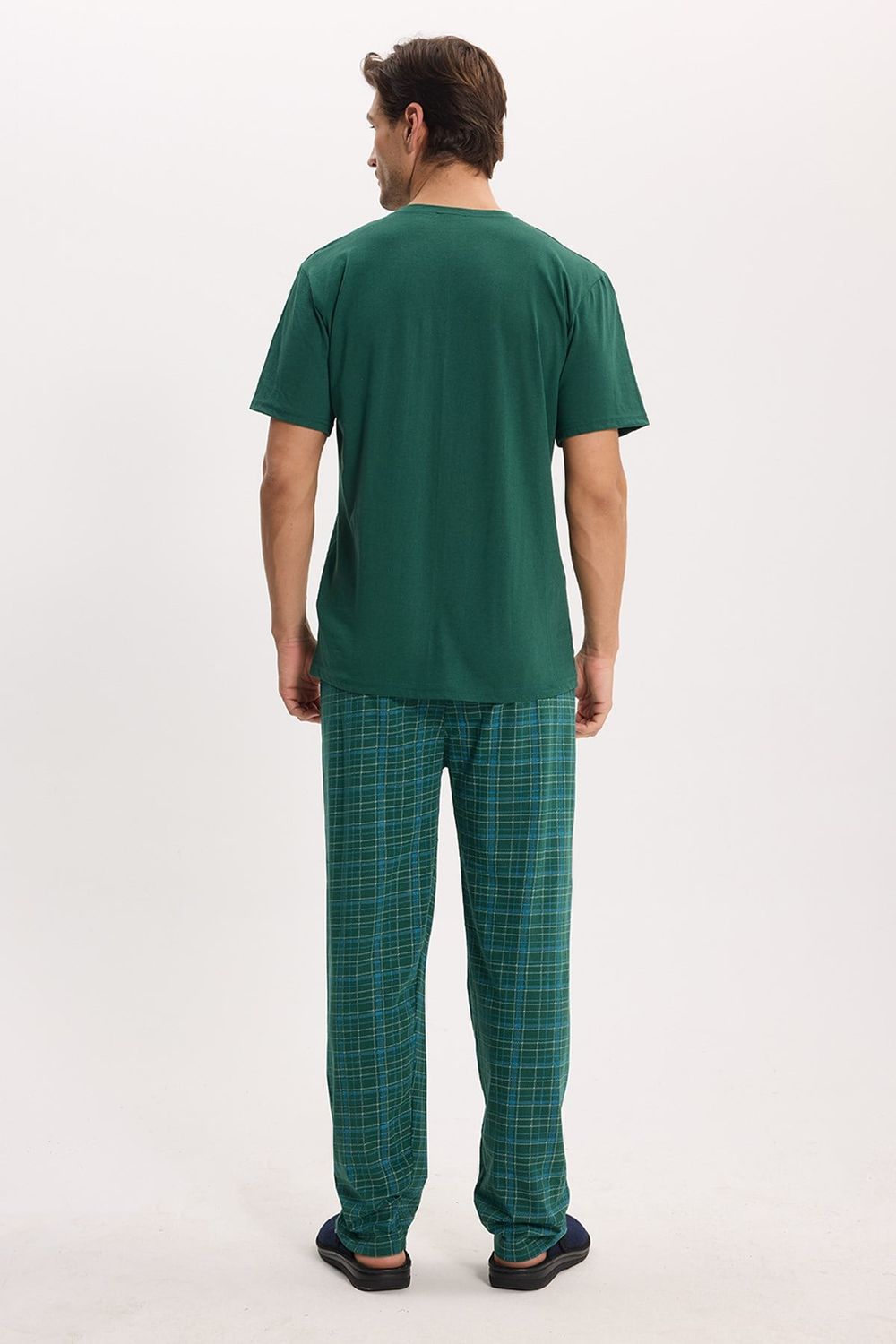 Erkek Standart Fit Normal Kesim Pamuklu Bisiklet Yaka Kısa Kollu Lastikli Yeşil Pijama Takımı