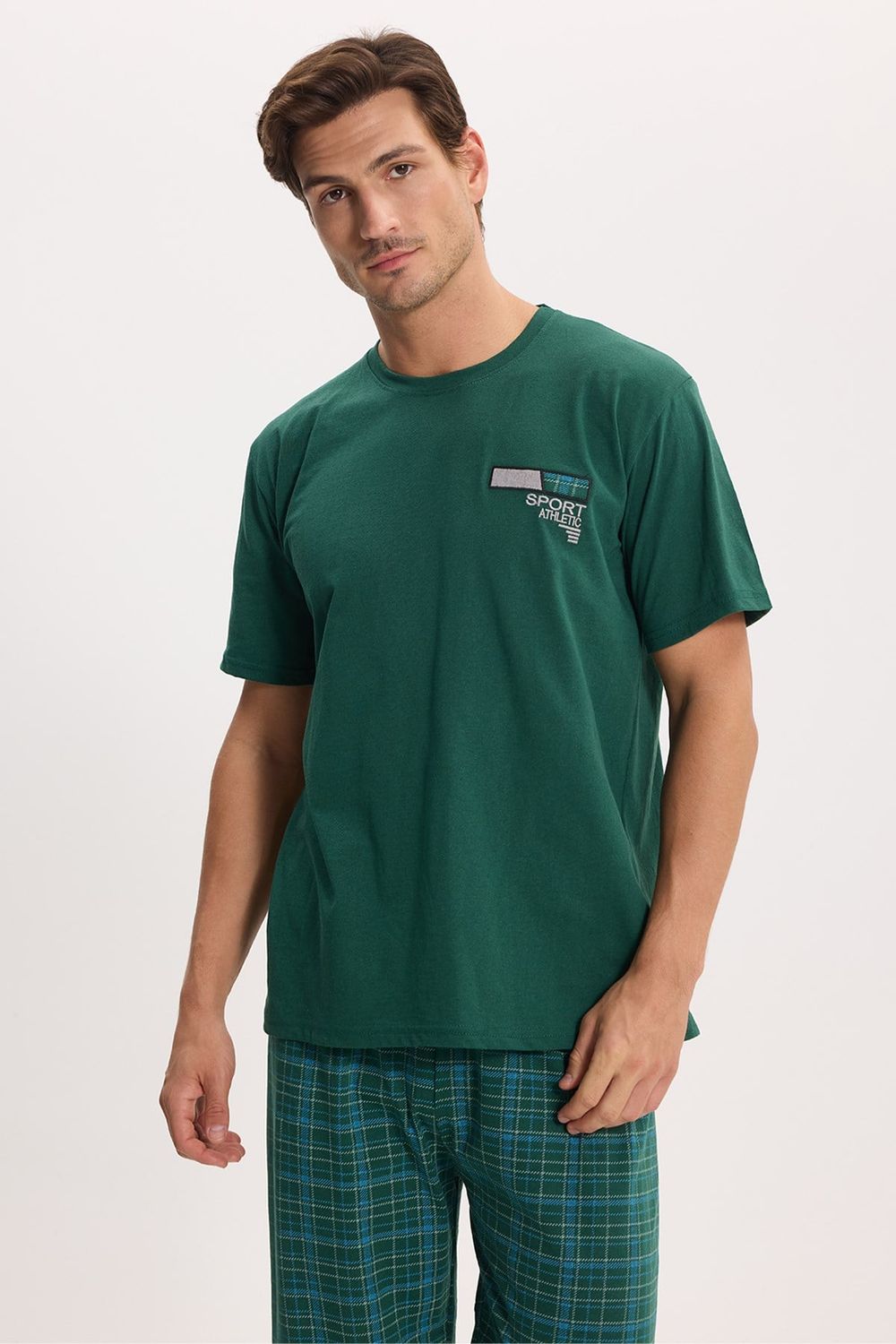 Erkek Standart Fit Normal Kesim Pamuklu Bisiklet Yaka Kısa Kollu Lastikli Yeşil Pijama Takımı