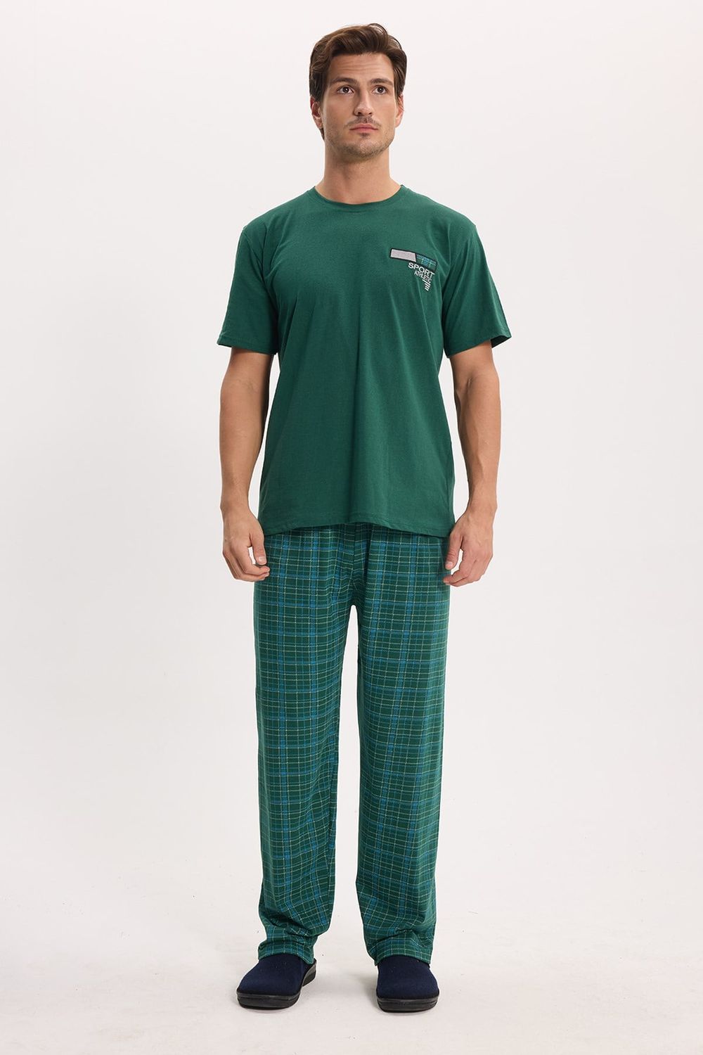 Erkek Standart Fit Normal Kesim Pamuklu Bisiklet Yaka Kısa Kollu Lastikli Yeşil Pijama Takımı