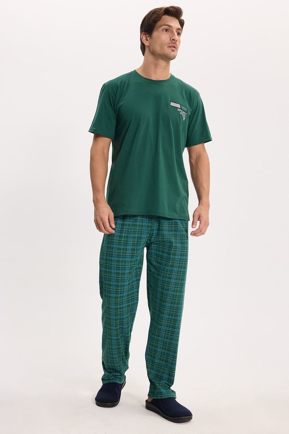 Erkek Standart Fit Normal Kesim Pamuklu Bisiklet Yaka Kısa Kollu Lastikli Yeşil Pijama Takımı