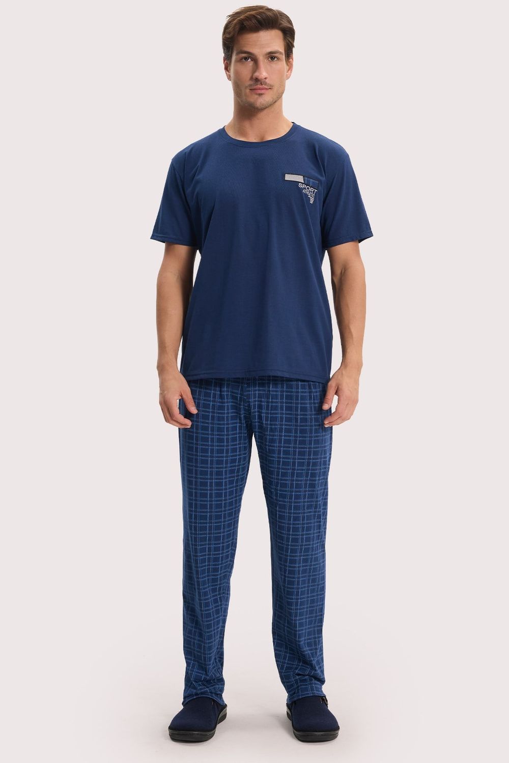 Erkek Standart Fit Normal Kesim Pamuklu Bisiklet Yaka Kısa Kollu Lastikli Lacivert Pijama Takımı