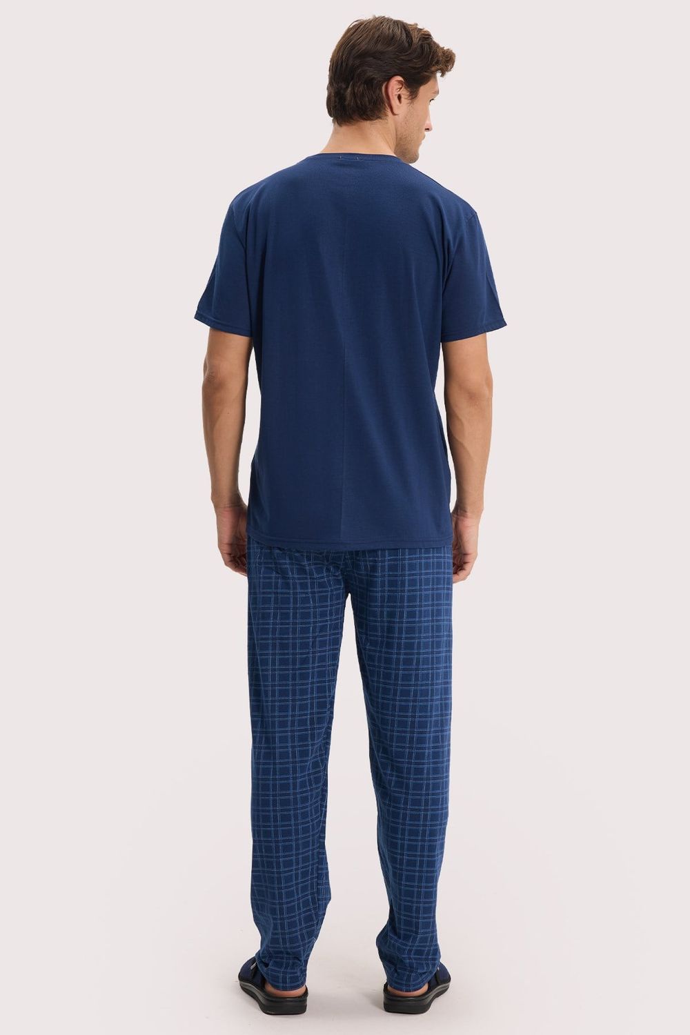 Erkek Standart Fit Normal Kesim Pamuklu Bisiklet Yaka Kısa Kollu Lastikli Lacivert Pijama Takımı