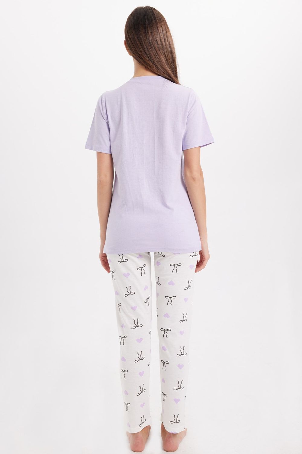 Kadın Regular Fit Klasik Kesim %100 Pamuk Bisiklet Yaka Kısa Kollu Baskılı Lila Pijama Takımı