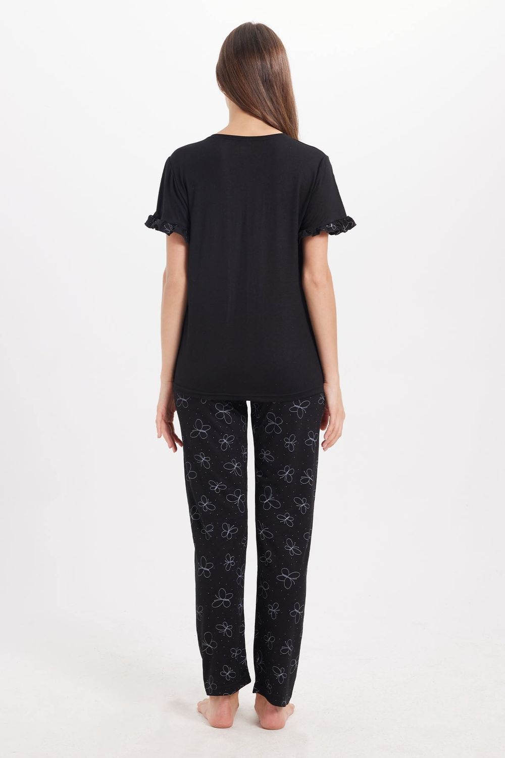 Kadın Regular Fit Klasik Kesim %100 Pamuk Bisiklet Yaka Kısa Kollu Baskılı Siyah Pijama Takımı