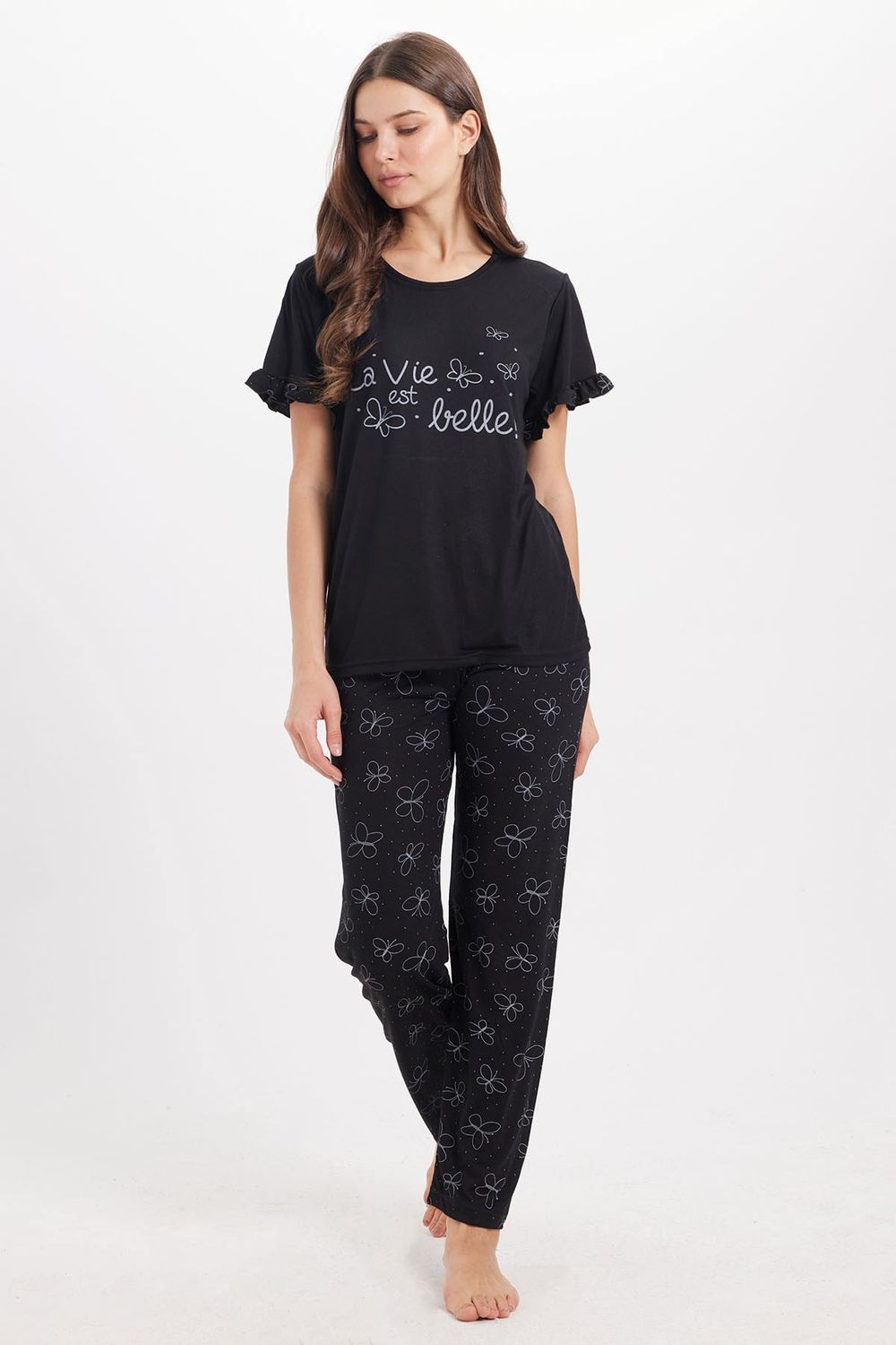 Kadın Regular Fit Klasik Kesim %100 Pamuk Bisiklet Yaka Kısa Kollu Baskılı Siyah Pijama Takımı