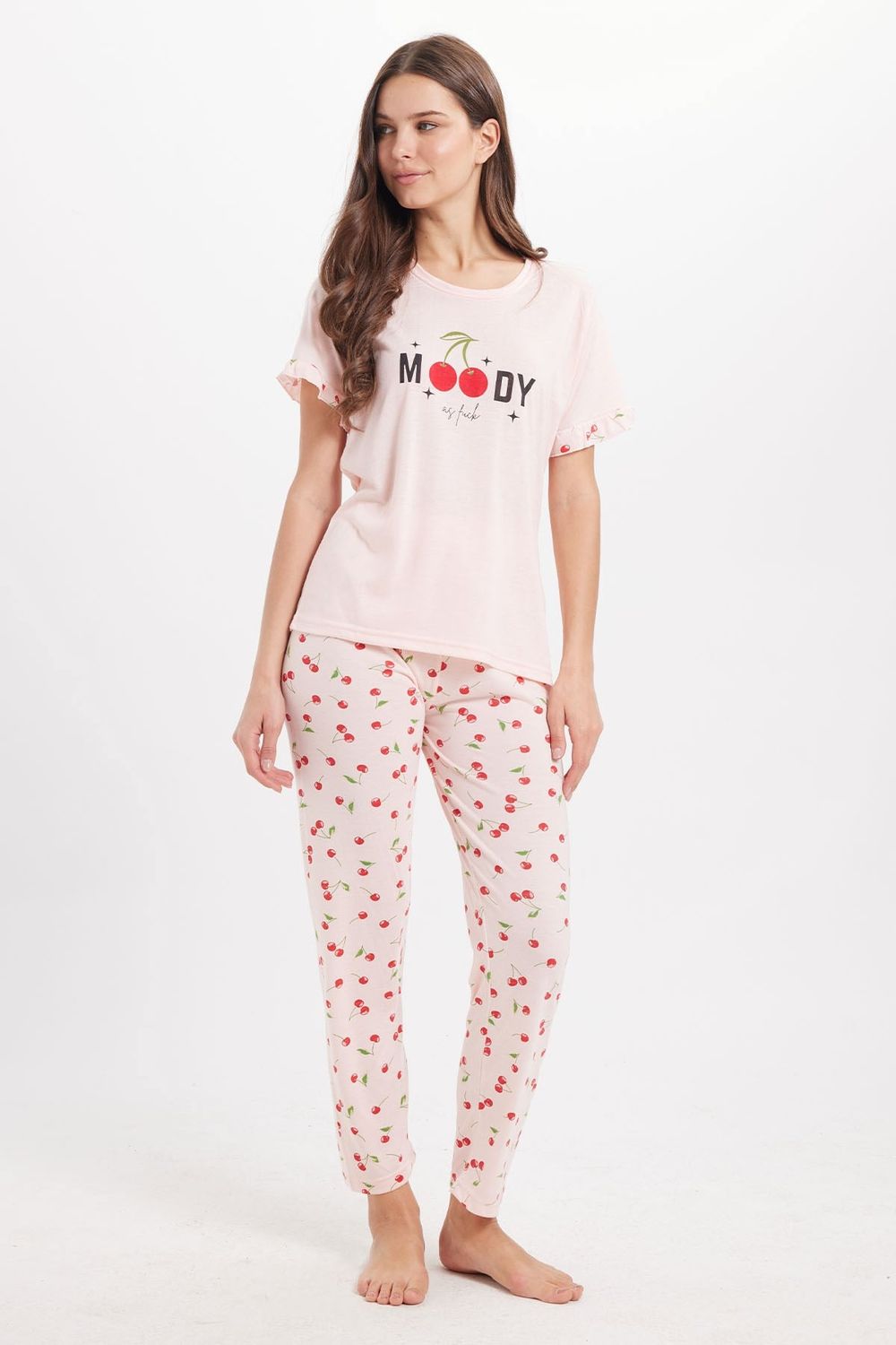 Kadın Regular Fit Klasik Kesim %100 Pamuk Bisiklet Yaka Kısa Kollu Baskılı Pembe Pijama Takımı