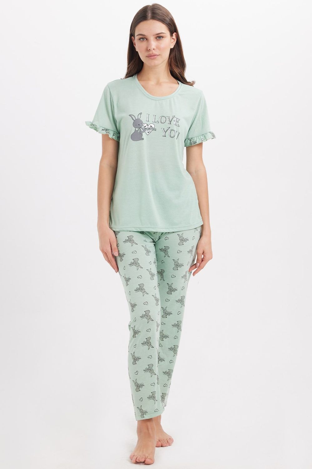 Kadın Regular Fit Klasik Kesim %100 Pamuk Bisiklet Yaka Kısa Kollu Baskılı Mint Pijama Takımı