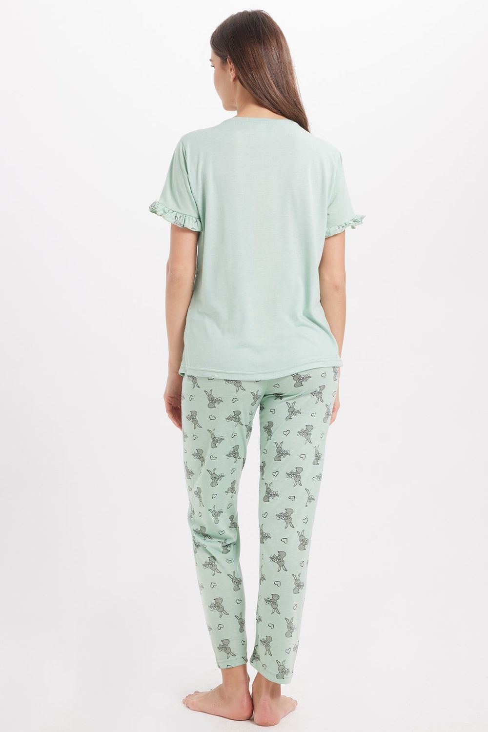 Kadın Regular Fit Klasik Kesim %100 Pamuk Bisiklet Yaka Kısa Kollu Baskılı Mint Pijama Takımı