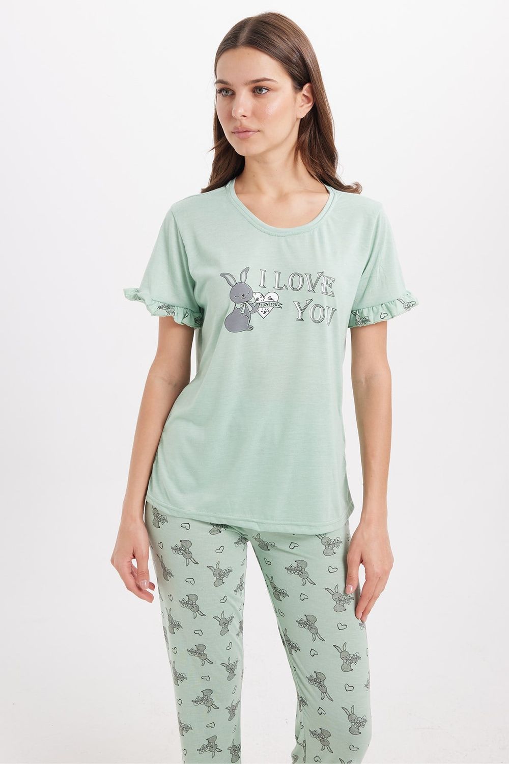 Kadın Regular Fit Klasik Kesim %100 Pamuk Bisiklet Yaka Kısa Kollu Baskılı Mint Pijama Takımı