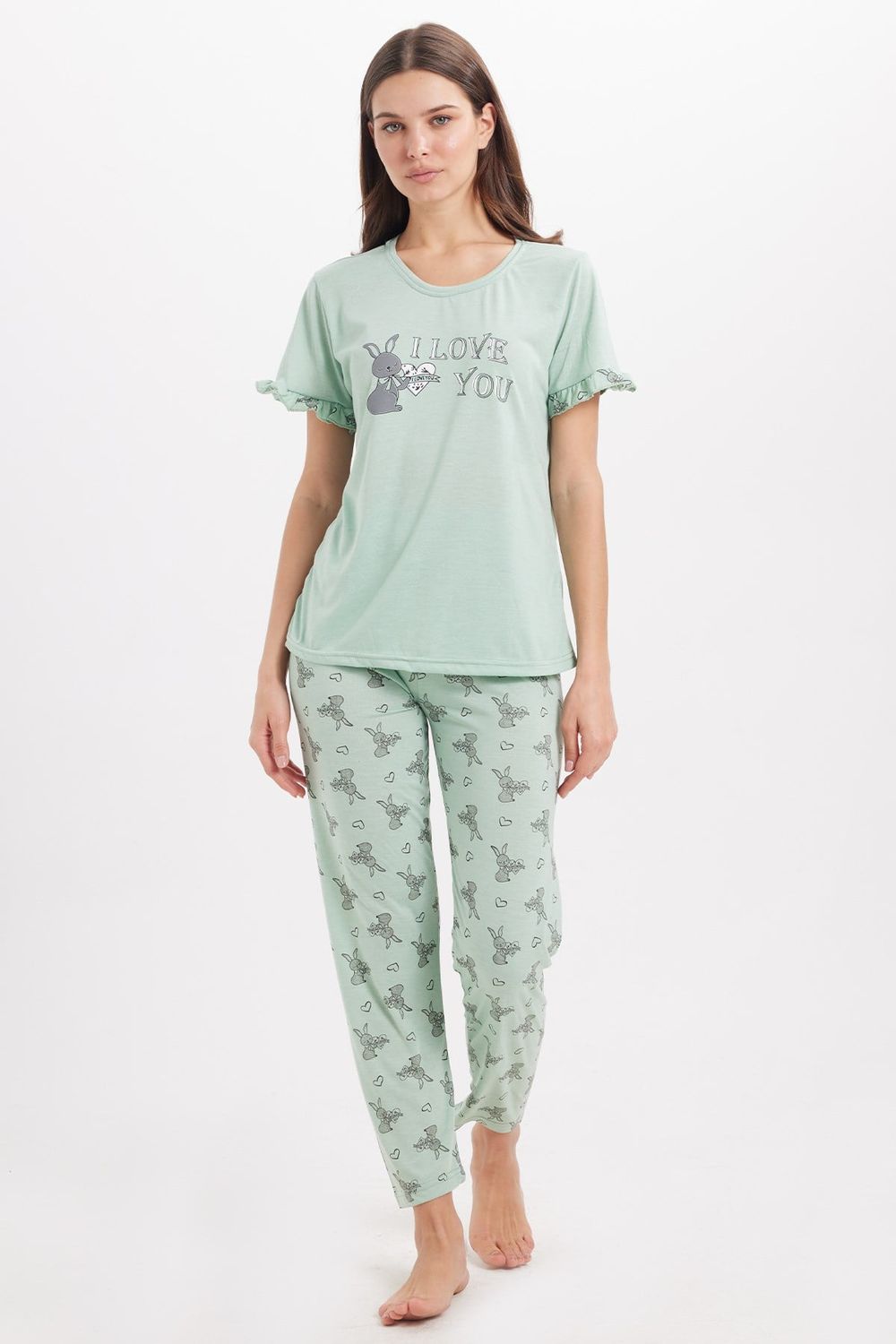 Kadın Regular Fit Klasik Kesim %100 Pamuk Bisiklet Yaka Kısa Kollu Baskılı Mint Pijama Takımı