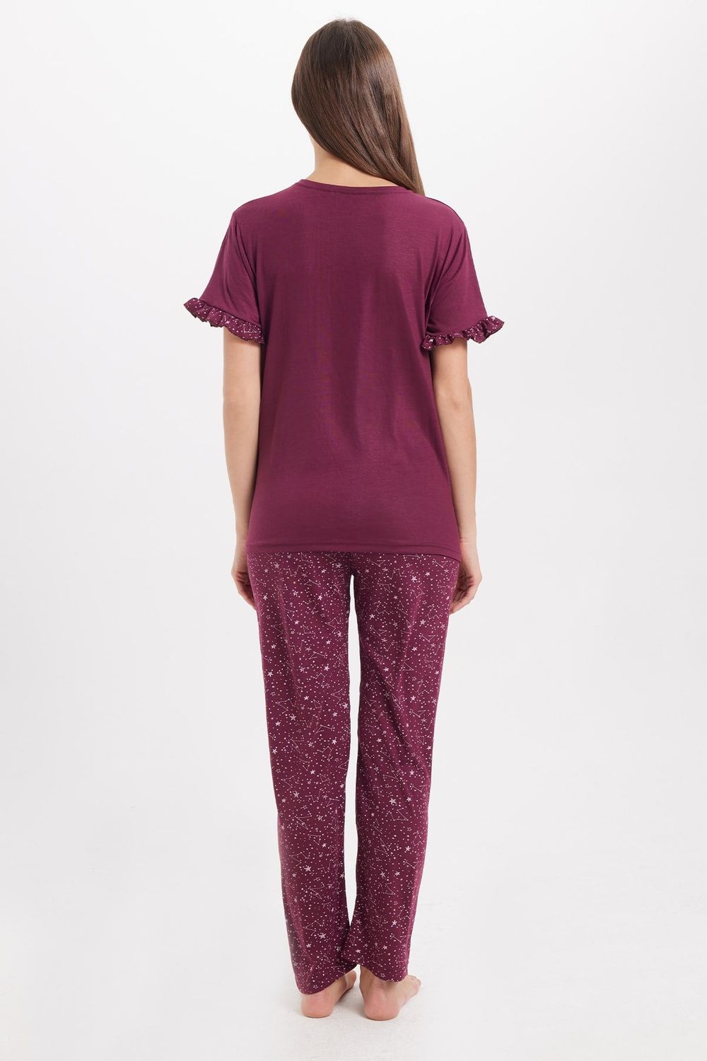 Kadın Regular Fit Klasik Kesim %100 Pamuk Bisiklet Yaka Kısa Kollu Baskılı Mürdüm Pijama Takımı