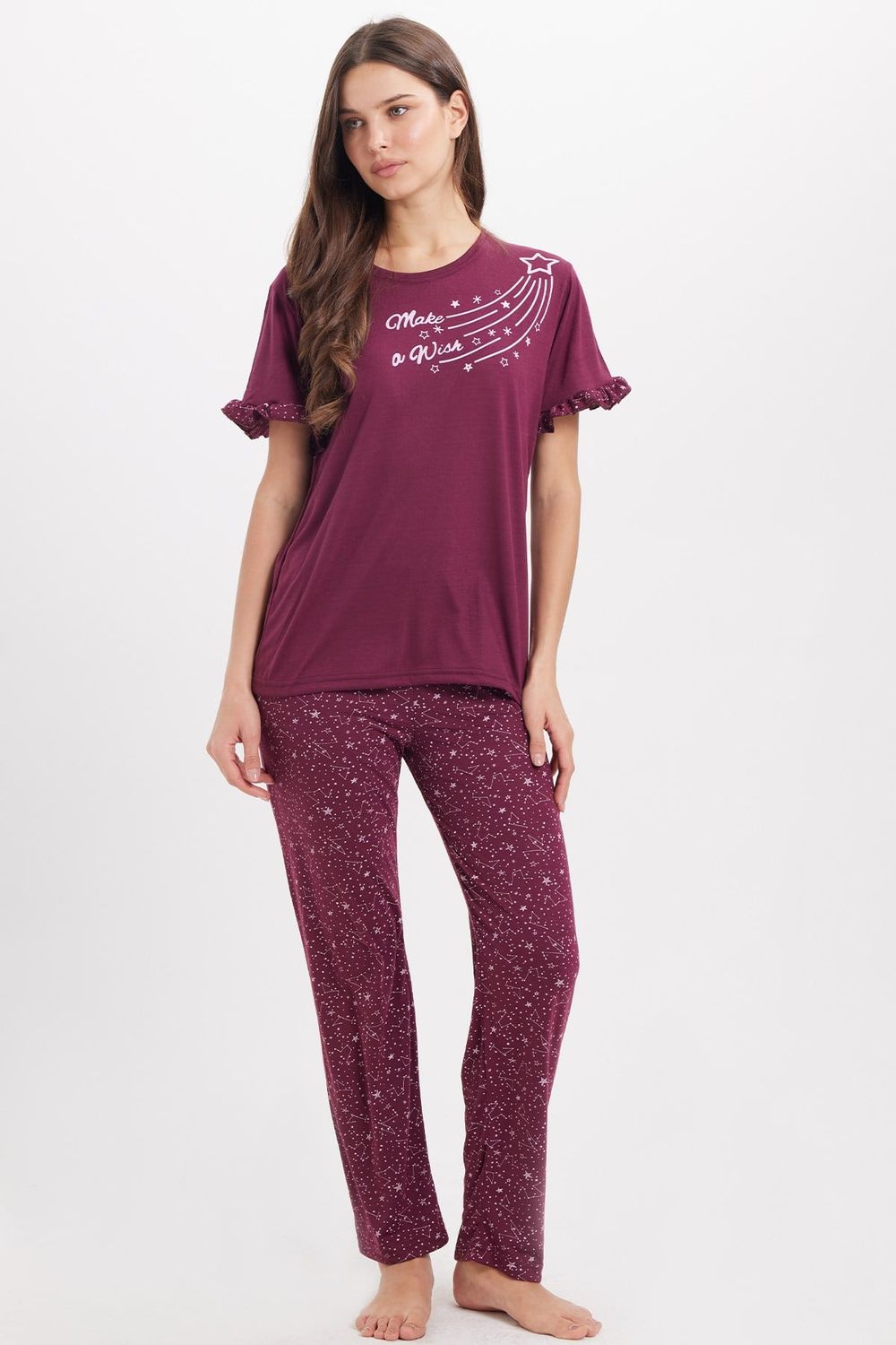 Kadın Regular Fit Klasik Kesim %100 Pamuk Bisiklet Yaka Kısa Kollu Baskılı Mürdüm Pijama Takımı