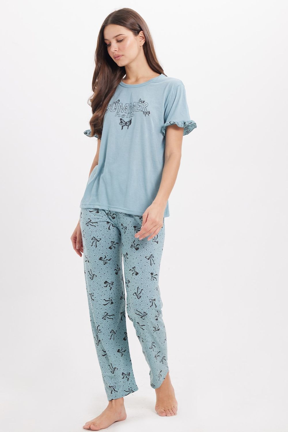 Kadın Regular Fit Klasik Kesim %100 Pamuk Fırfır Detaylı Kısa Kollu Baskılı Yeşil Pijama Takımı
