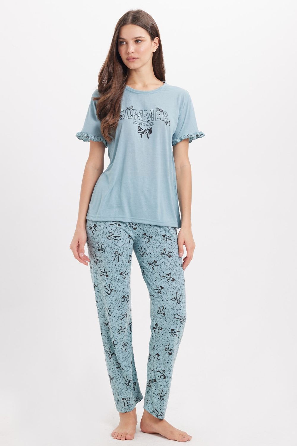 Kadın Regular Fit Klasik Kesim %100 Pamuk Fırfır Detaylı Kısa Kollu Baskılı Yeşil Pijama Takımı