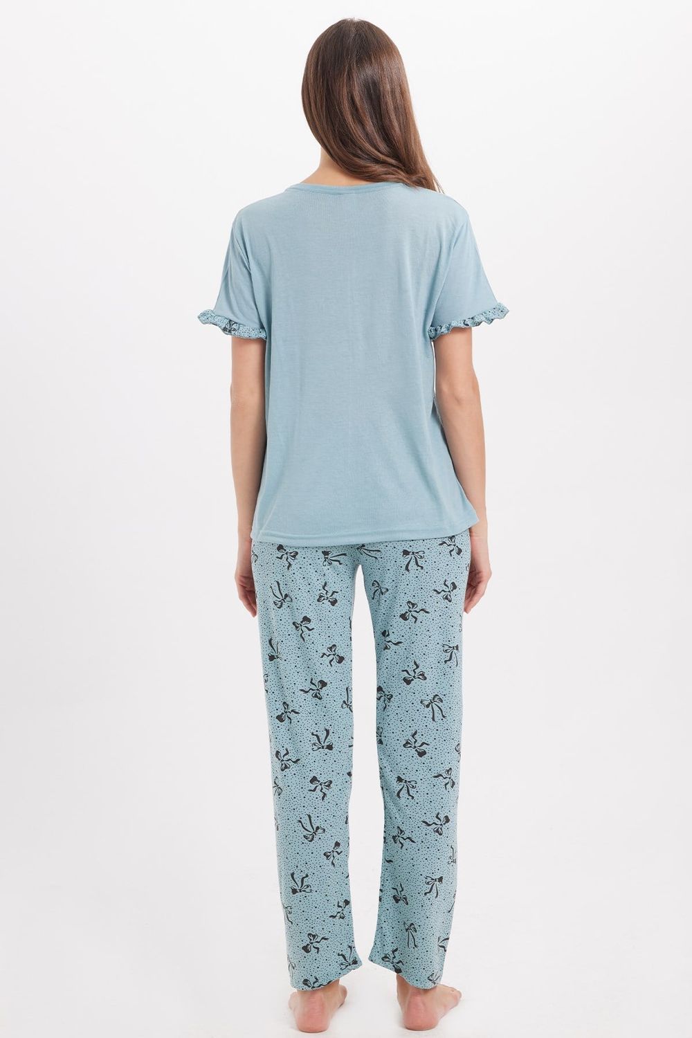 Kadın Regular Fit Klasik Kesim %100 Pamuk Fırfır Detaylı Kısa Kollu Baskılı Yeşil Pijama Takımı