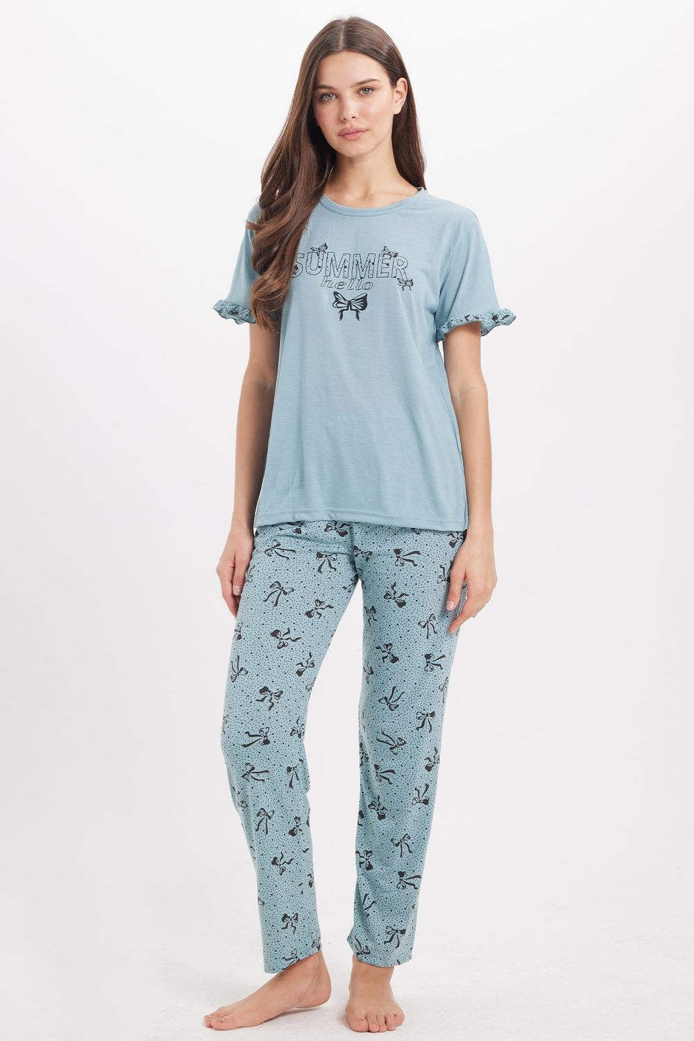 Kadın Regular Fit Klasik Kesim %100 Pamuk Fırfır Detaylı Kısa Kollu Baskılı Yeşil Pijama Takımı