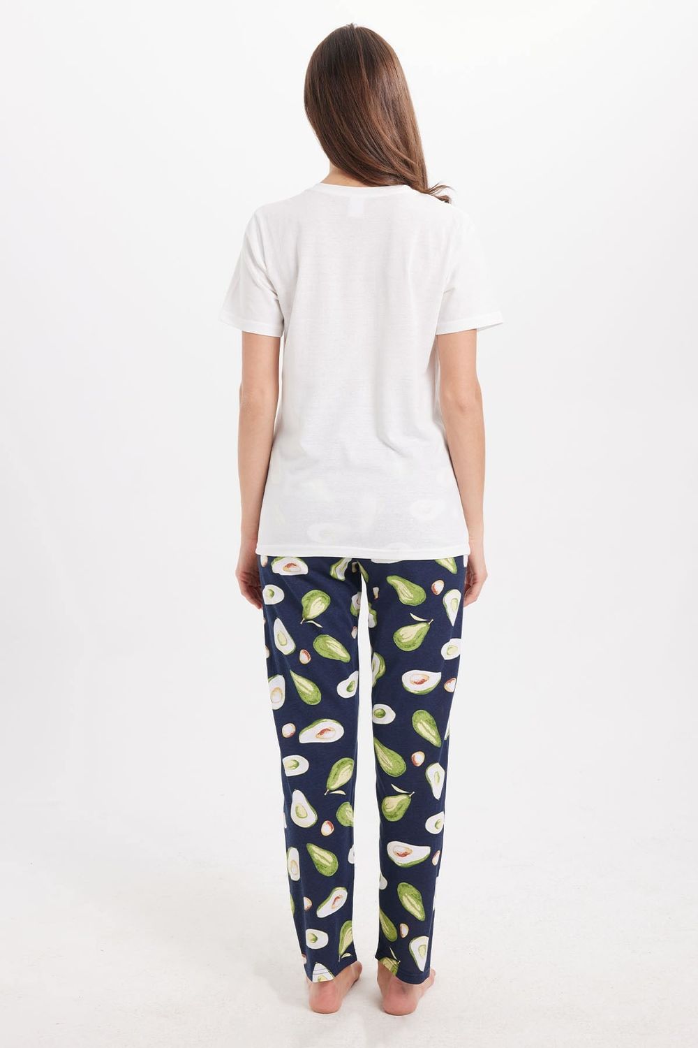 Kadın Regular Fit Klasik Kesim Pamuklu Bisiklet Yaka Kısa Kollu Baskılı Beyaz Pijama Takımı