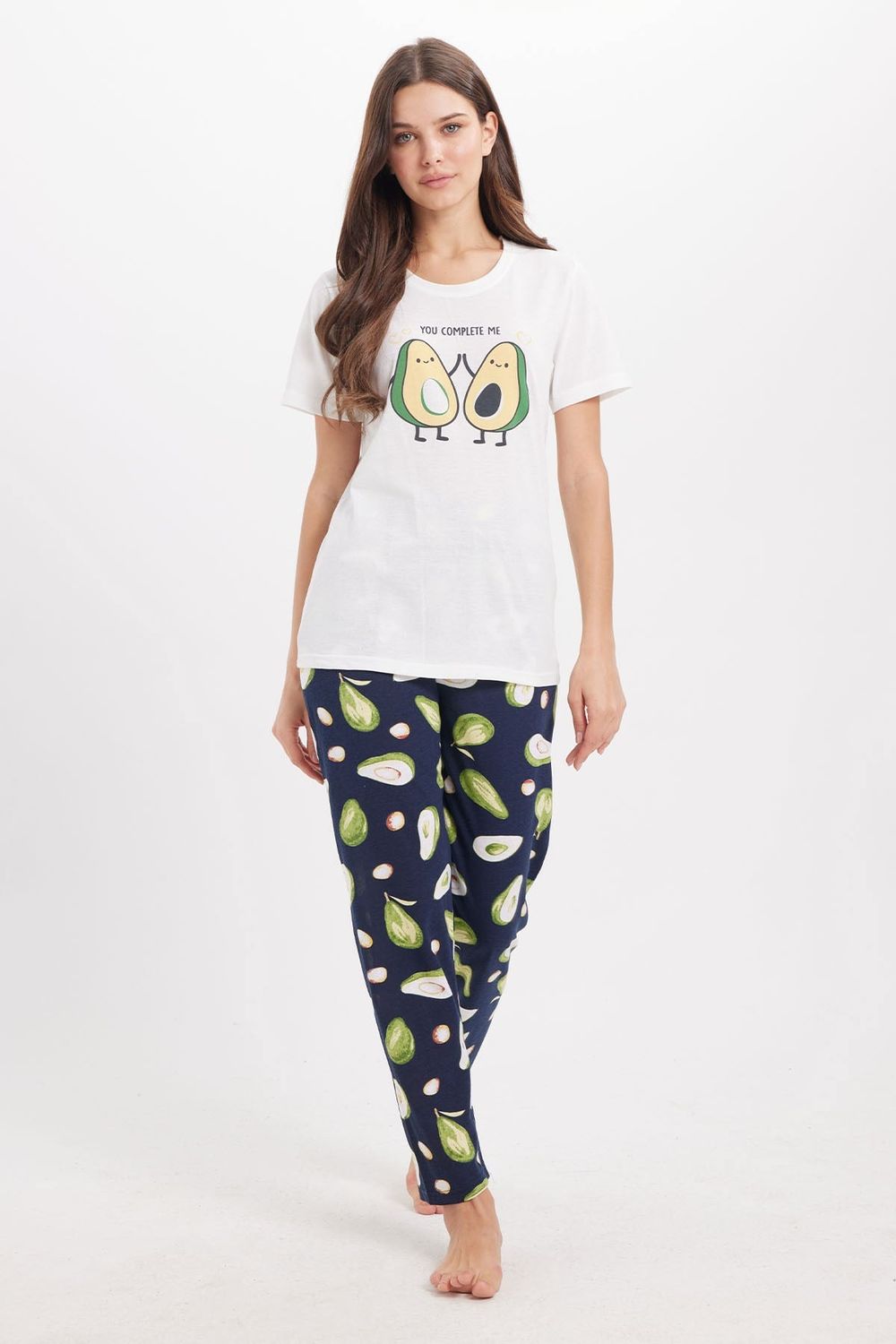 Kadın Regular Fit Klasik Kesim Pamuklu Bisiklet Yaka Kısa Kollu Baskılı Beyaz Pijama Takımı