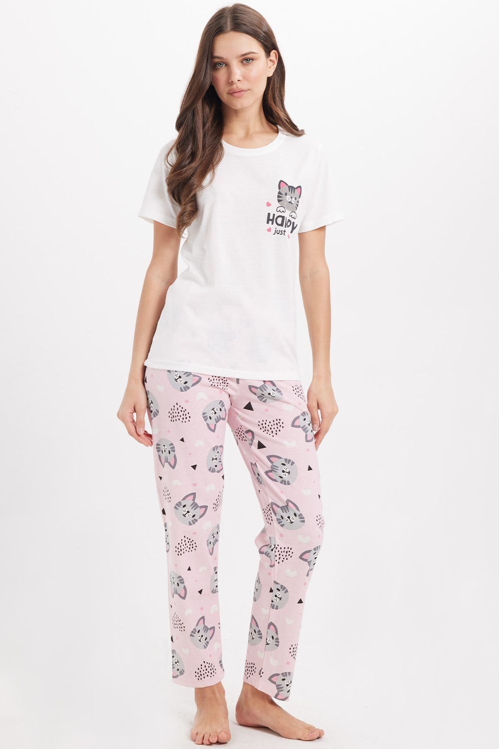 Kadın Regular Fit Klasik Kesim Pamuklu Bisiklet Yaka Kısa Kollu Baskılı Beyaz Pijama Takımı