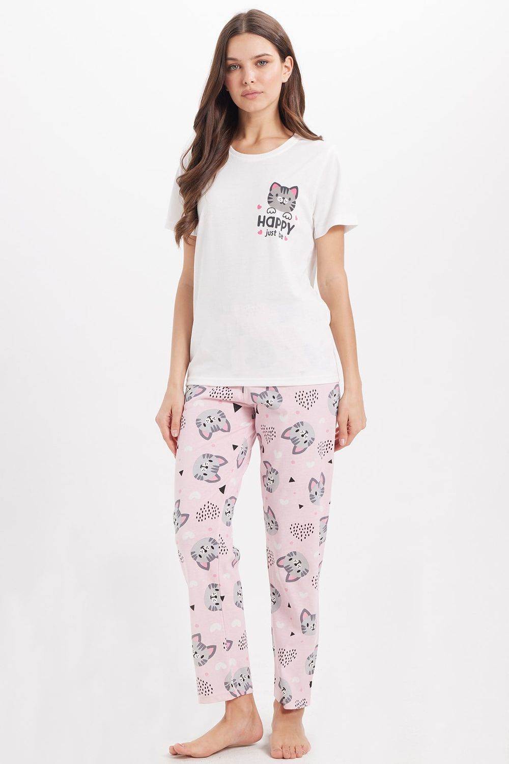 Kadın Regular Fit Klasik Kesim Pamuklu Bisiklet Yaka Kısa Kollu Baskılı Beyaz Pijama Takımı