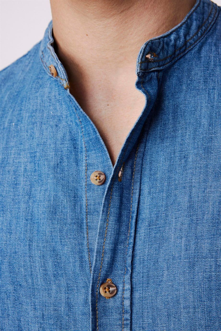 Relax Fit Uzun Kol Hakim Yaka Mavi Denim Kot Gömlek
