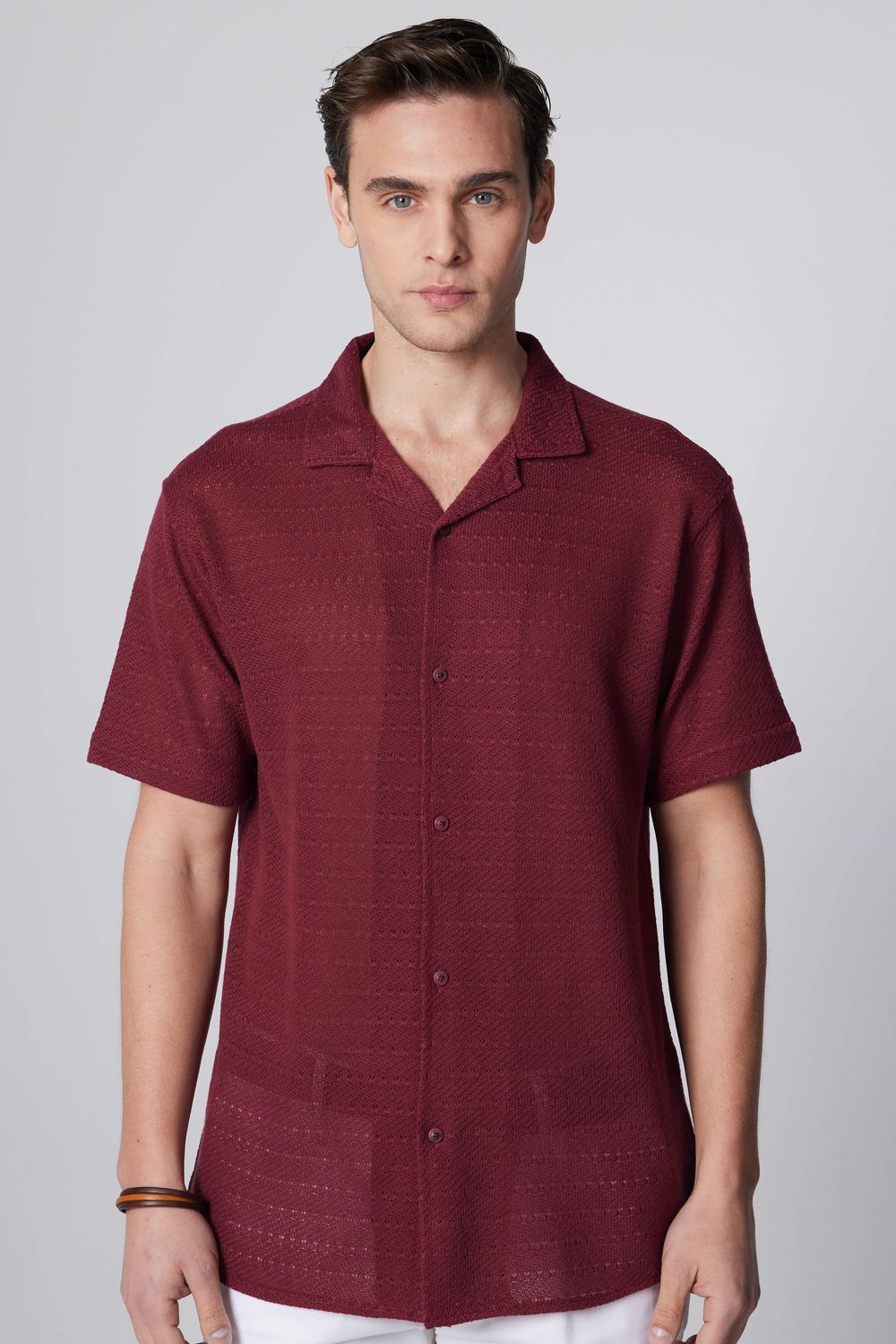 Relax Fit Rahat Kalıp Kısa Kol Apaj Yaka Örme Kumaş Yazlık Bordo Erkek Gömlek
