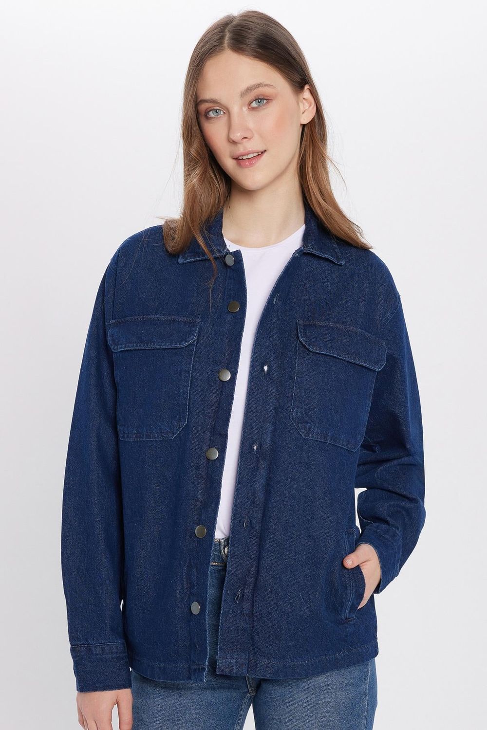 Erkek Relax Fit Rahat Kesim Denim Kapaklı Çift Cepli Lacivert Ceket Gömlek