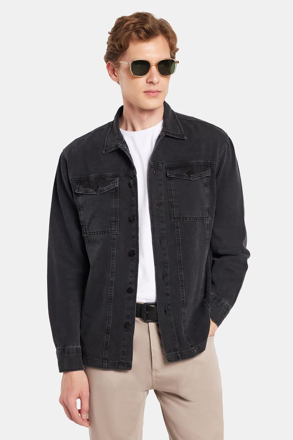 Erkek Relax Fit Rahat Kesim Denim Çıtçıtlı Uzun Kol Kot Ceket Siyah Gömlek