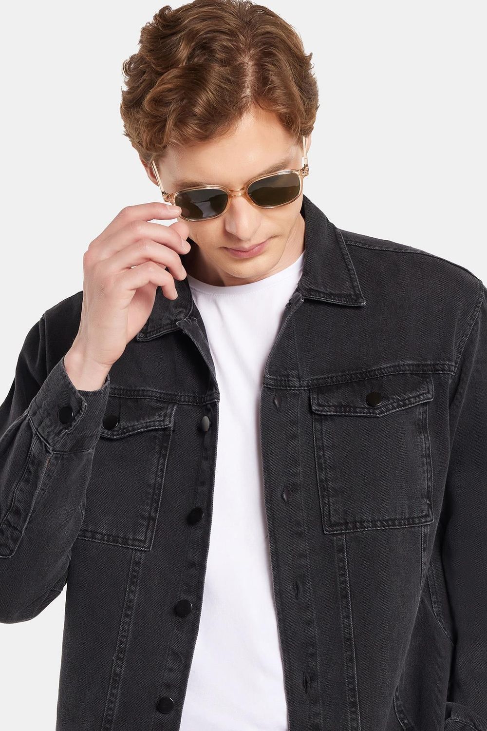 Erkek Relax Fit Rahat Kesim Denim Çıtçıtlı Uzun Kol Kot Ceket Siyah Gömlek