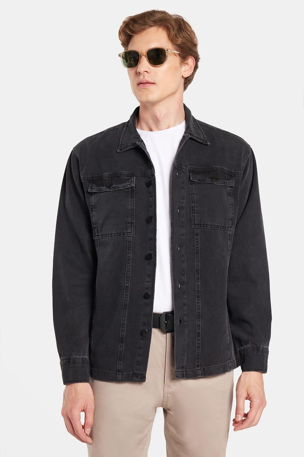 Erkek Relax Fit Rahat Kesim Denim Çıtçıtlı Uzun Kol Kot Ceket Siyah Gömlek