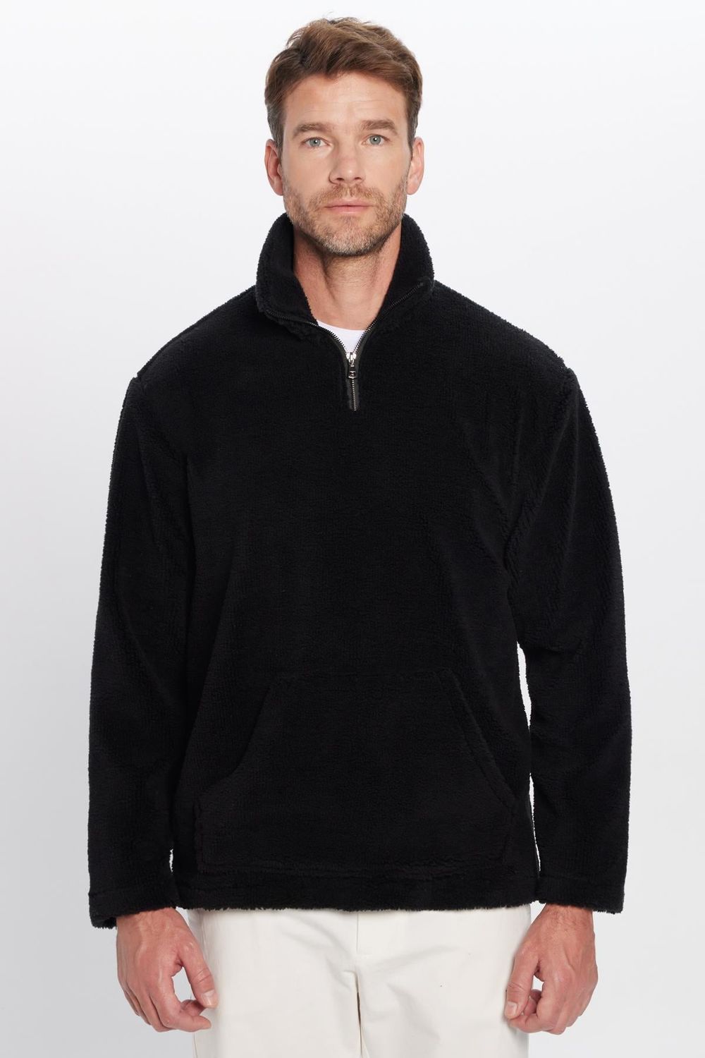 Unisex Relax Fit Rahat Kesim Kanguru Cepli Yarım Fermuarlı Dik Yaka Peluş Sweatshırt