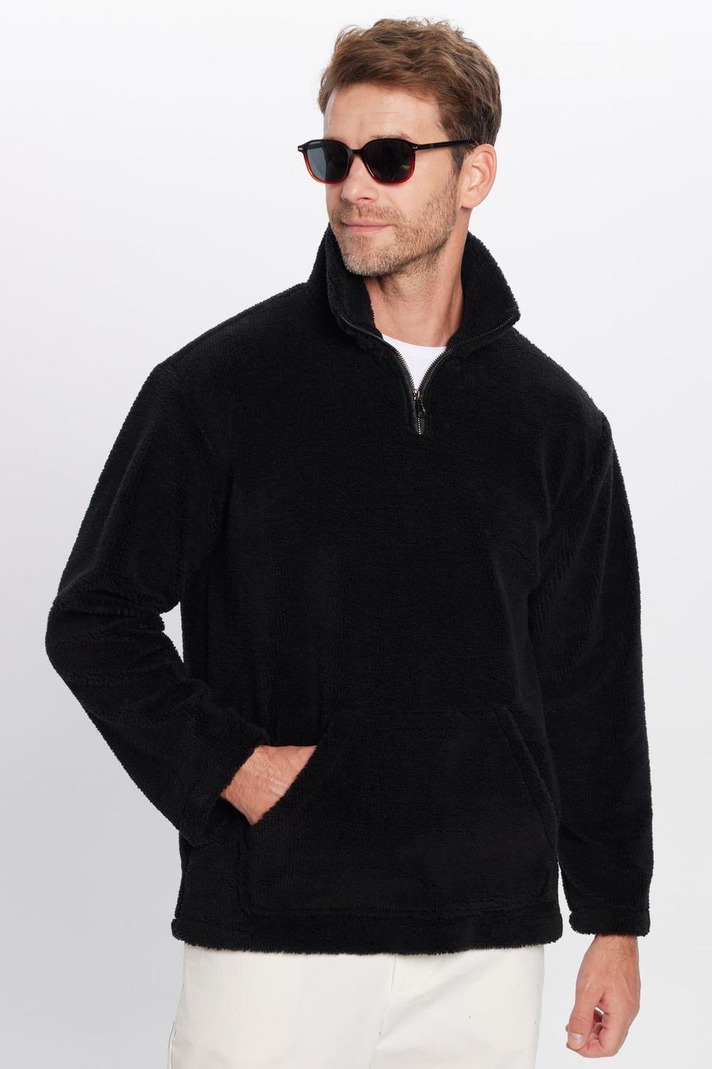 Unisex Relax Fit Rahat Kesim Kanguru Cepli Yarım Fermuarlı Dik Yaka Peluş Sweatshırt