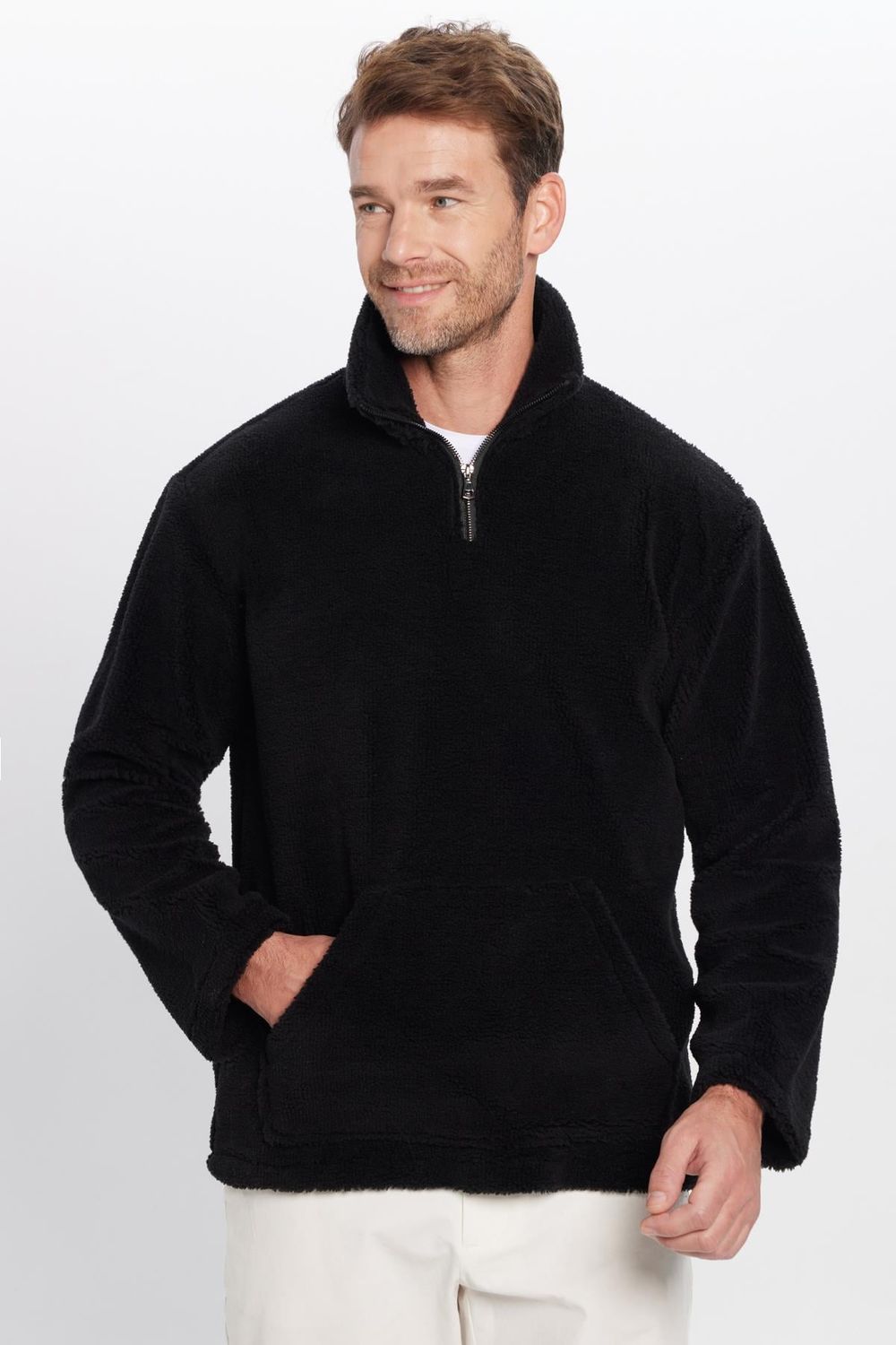 Unisex Relax Fit Rahat Kesim Kanguru Cepli Yarım Fermuarlı Dik Yaka Peluş Sweatshırt